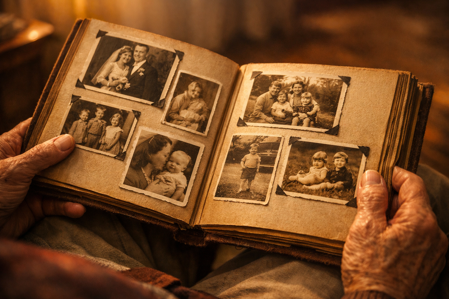 Руки бабушки держат старый семейный фотоальбом