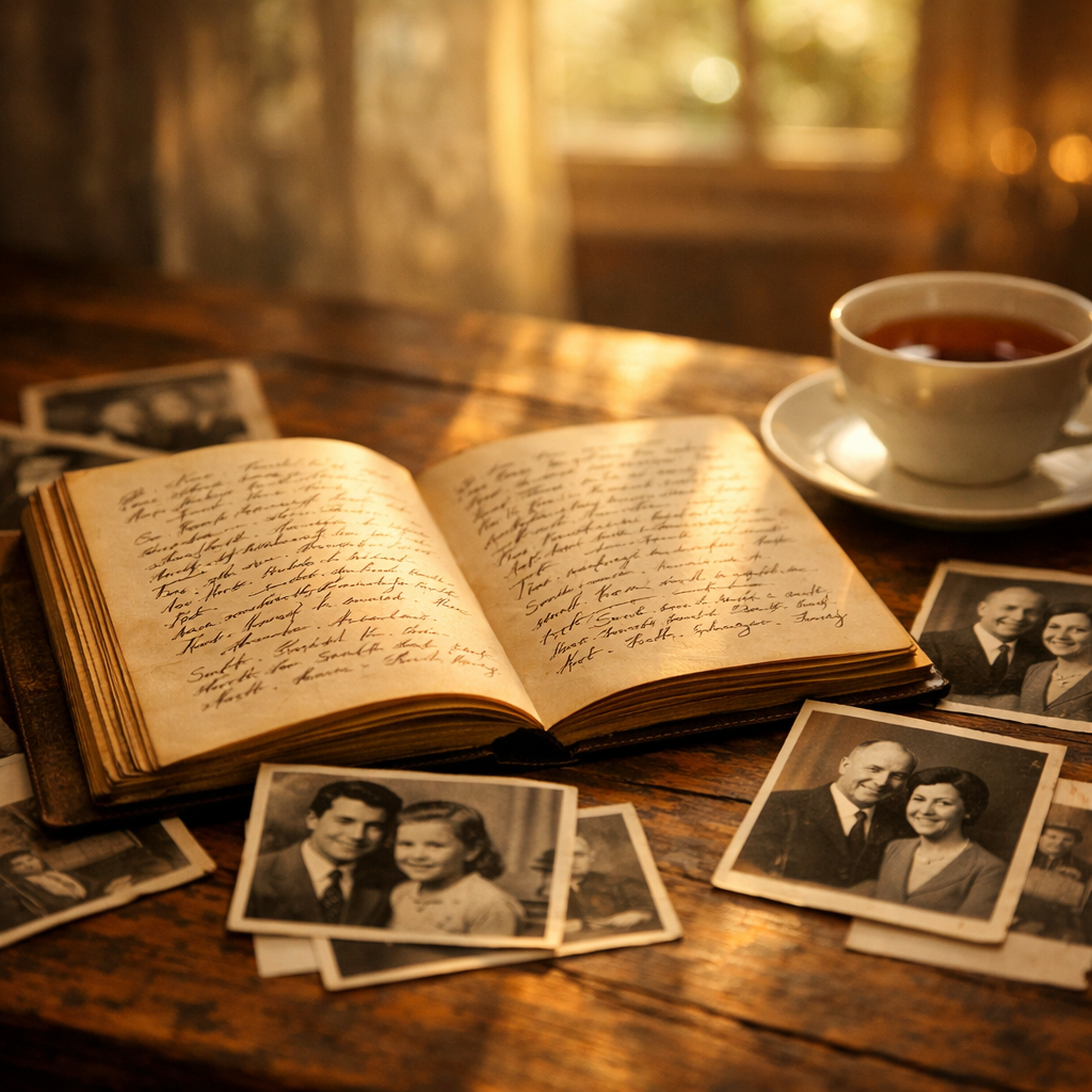 Старые семейные фотографии и рукописная книга на столе